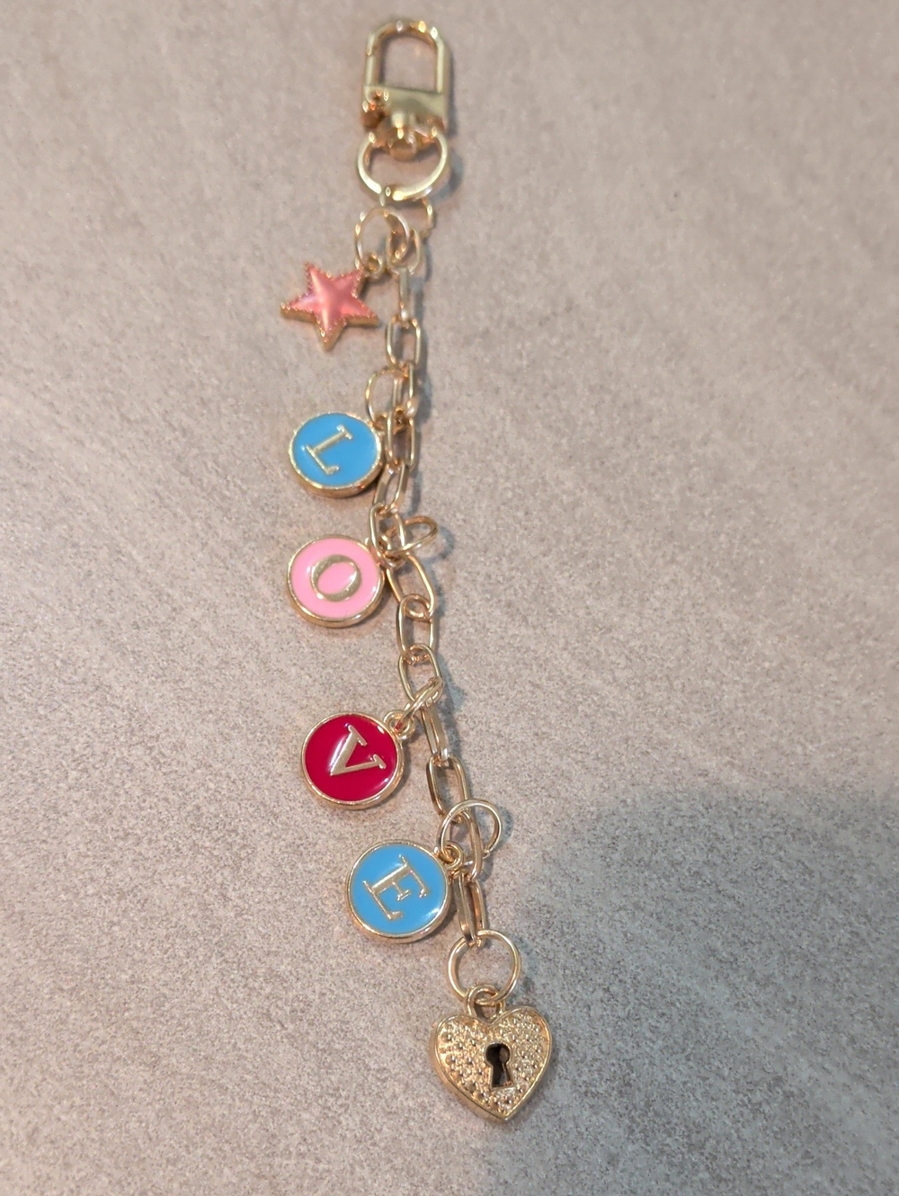 Gold Tone Heart & Letter Charm Keychain - Pink, Blue, Red